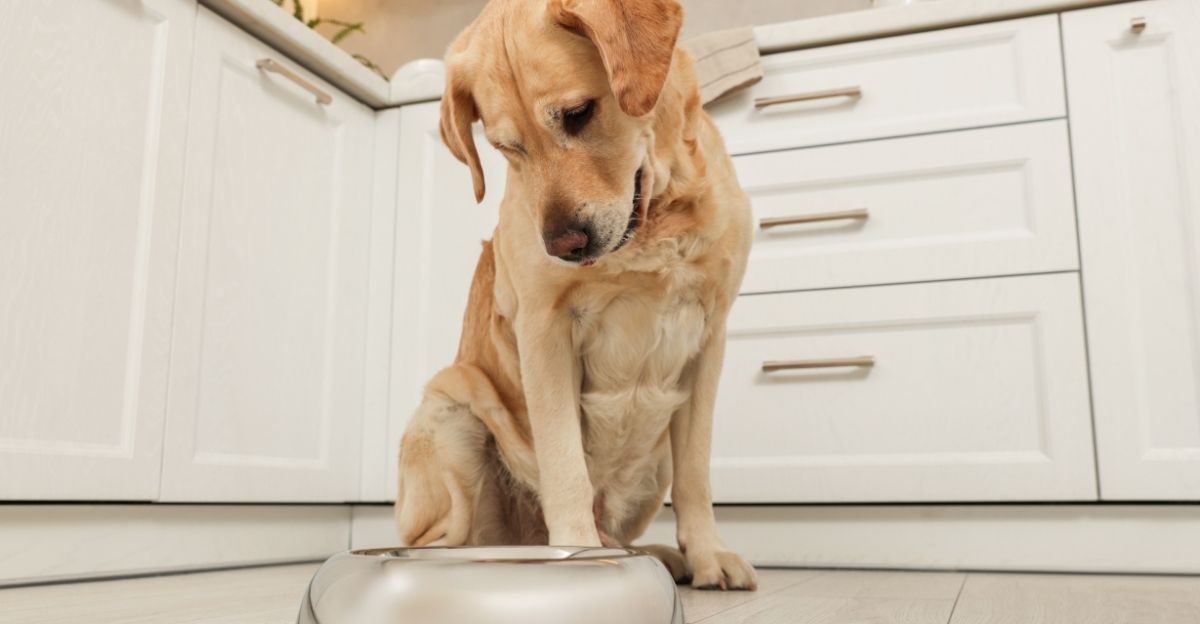 An owner removing the bowl after a meal, illustrating why you should not leave the dog bowl out to reduce stress in dogs