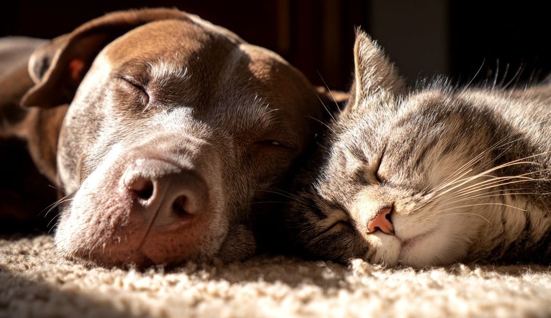 A dog and a cat calmly staying in the same room while the dog looks focused at its owner.