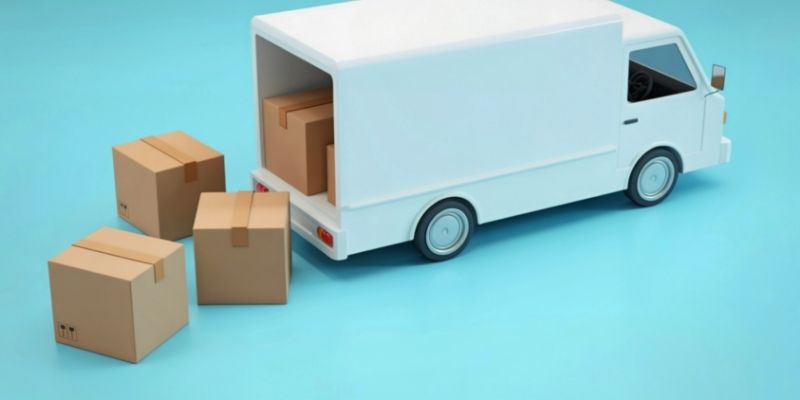 A 3D model of a white delivery van unloading cardboard boxes on a blue background showing the hidden journey of commercial fresh pet food