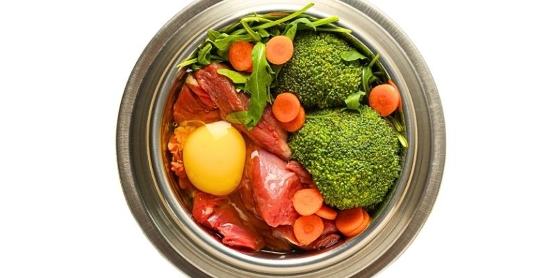 A top-down view of a stainless steel dog bowl filled with fresh raw meat pieces, broccoli florets, carrot slices, and an egg yolk illustrating natural dog nutrition