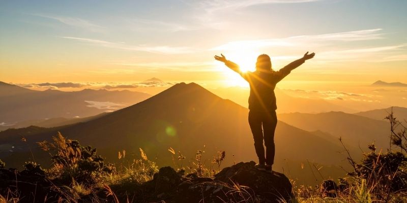 A woman standing on top of a mountain peak with open arms at sunrise showing the victory over survival instinct