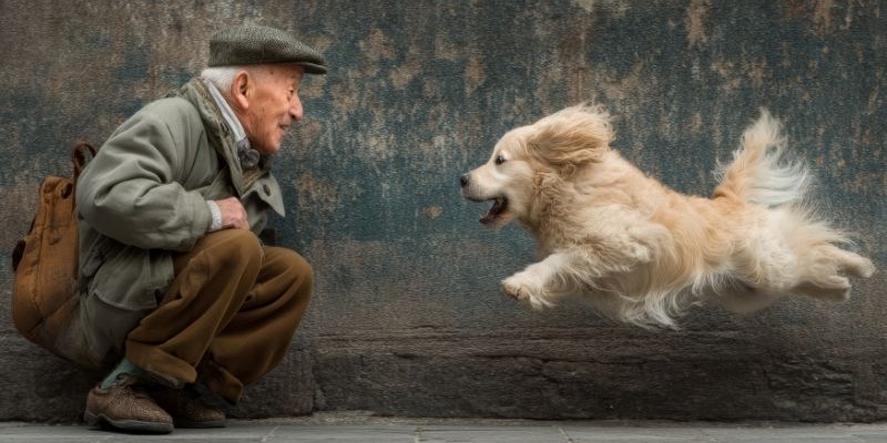Elderly man smiling at a joyful golden dog jumping happily, reflecting the emotional rewards of conscious brushing