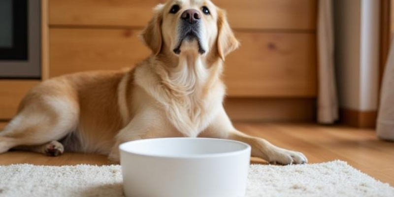 Golden Retriever sitting patiently behind a white bowl waiting for fresh food for dogs