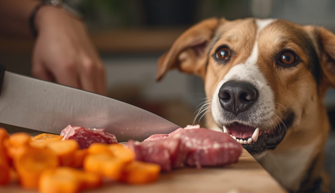 Dog eagerly watching its owner chop fresh meat and carrots to prepare fresh food for dogs