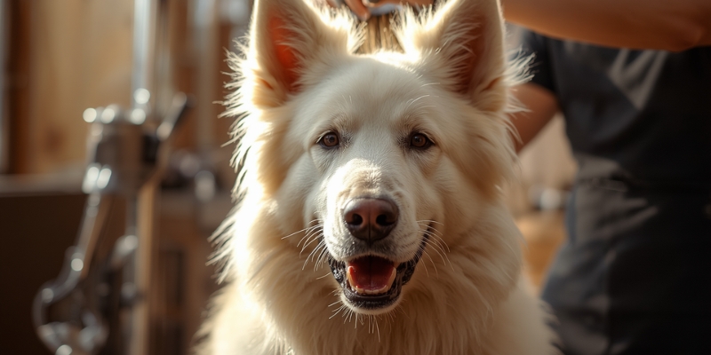 White Swiss Shepherd enjoying grooming and blow drying showing white swiss shepherd daily brushing alternative